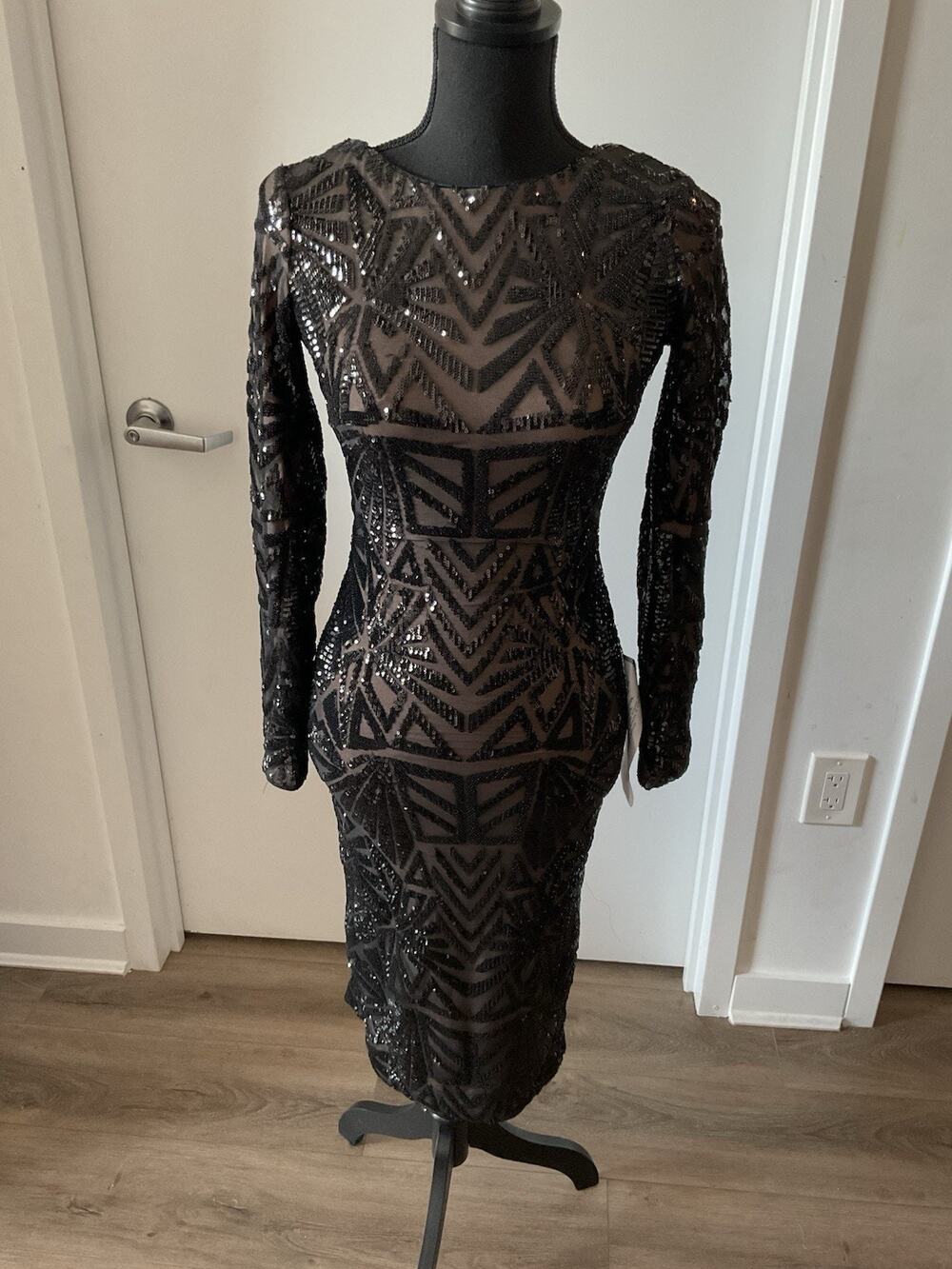 Dress The Population Emery Sequin Bodycon Midi Cocktail Dress Black Nude XS NWT